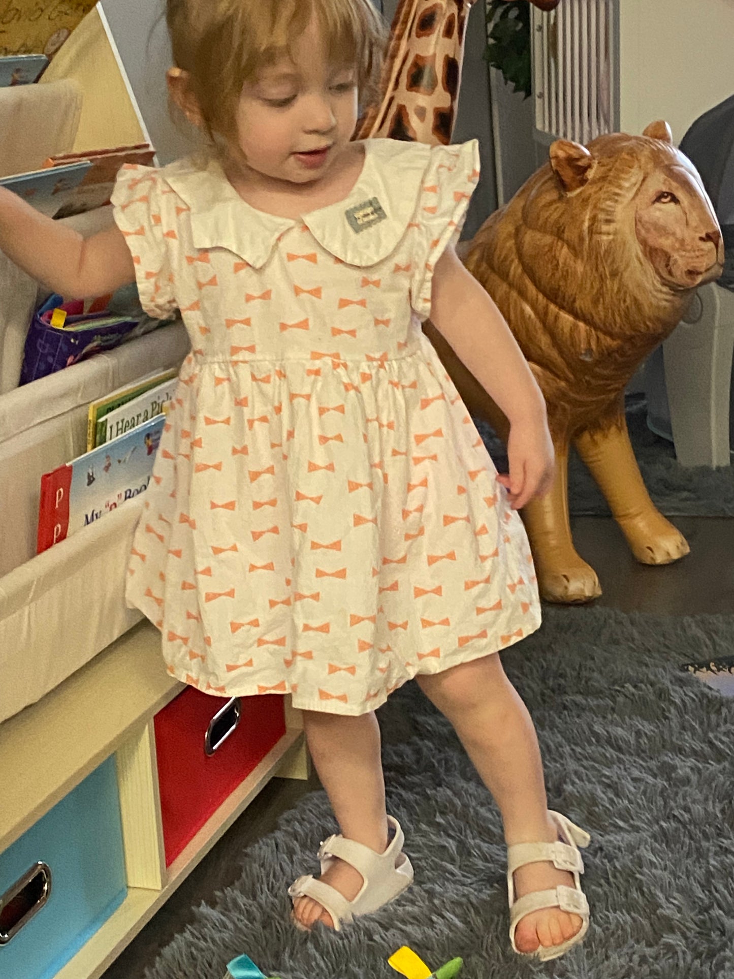 White and Coral Pink Bow Dress