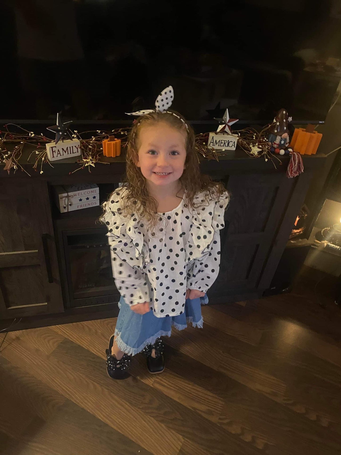 Polka Dot Blouse and Jean Skirt