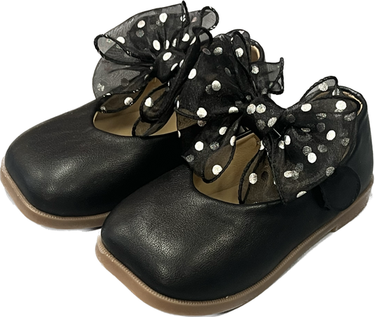 Black Leather shoes with Black Bow and Silver Polka Dots